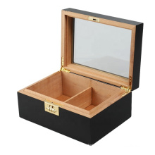 Top Seller Matte Black Glass Transparent Window Humidor Two Compartments Wooden Cigar Box With Password Lock